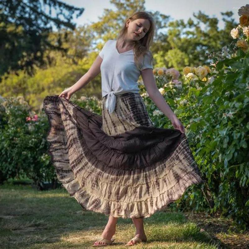 

Skirts Y2K Vintage Women Retro Style Long Skirt Elastic Waist Tie-dyed Print Ruffled For Ladies Black/ Brown/ Green