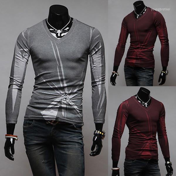 

Men's T Shirts 2014 Brand Personality Embroidery Mens T-Shirt Slim Fit Knitted Long-sleeve Casual V-neck Tee Clothing S -XXL, Grey