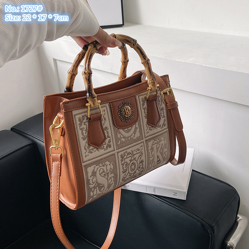 

Wholesale factory shoulder bags 3 colors street trend letter handbag sweet little fresh embroidered tote bag exquisite retro color matching leather backpack, Brown-1727#