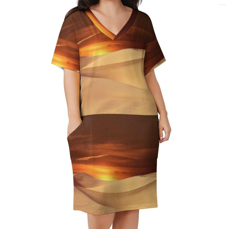 

Plus Size Dresses Desert Sun Casual Dress Women Landscape Sunset Dune Modern Spring V Neck Street Fashion Pattern 3XL 4XL, Style-19