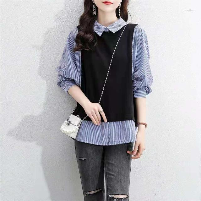 

Women' Polos Fake Two-piece Lapel Long-sleeved Loose Pullover Bottoming Shirt Female Girl Blouses And Tops, Black