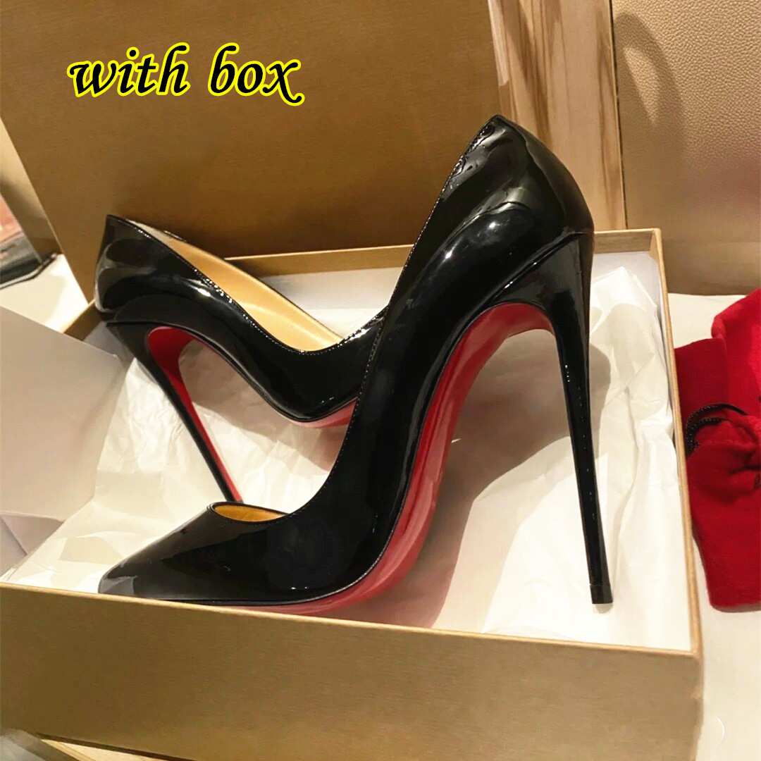 

Women Dress High Heel Pointed Shoes Red Brand Bottoms 8cm 10cm 12cm Thin Heels Genuine Leather Nude Black Shiny Wedding Shoes with Box and Dust Bag 34-44, Black matte