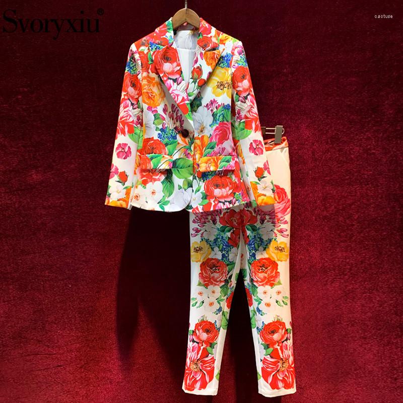 

Women' Two Piece Pants Svoryxiu Fashion Runway Elegant Flower Print Set Women' Long Sleeve Single Button Blazer Office Lady Suits, Multi