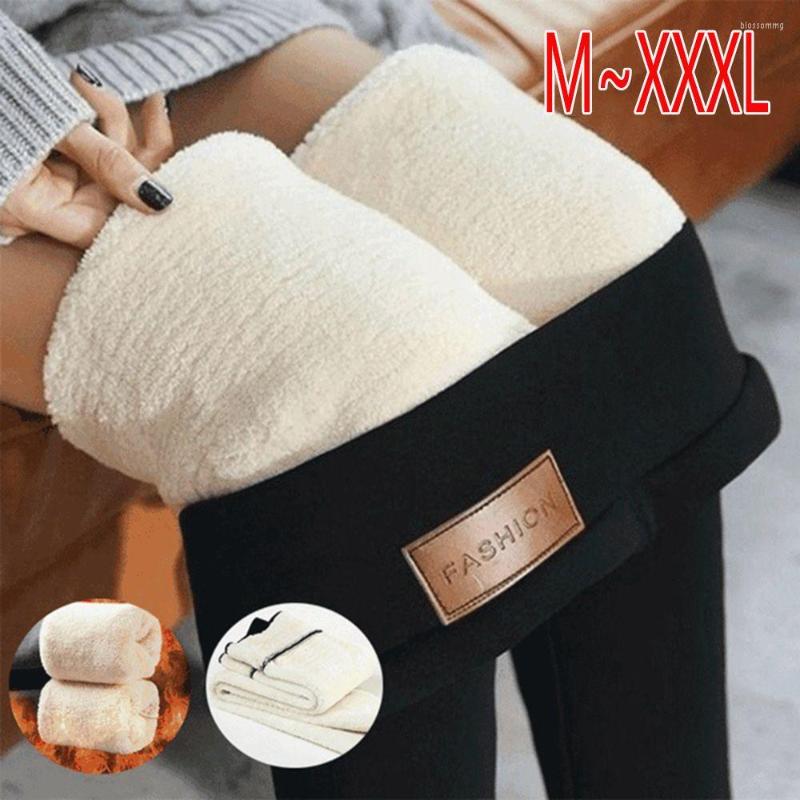 

Women's Leggings Women Winter Thicken Cashmere Lambskin Warm Pants Wool Fleece Trousers High Waist Skinny Black Quality
