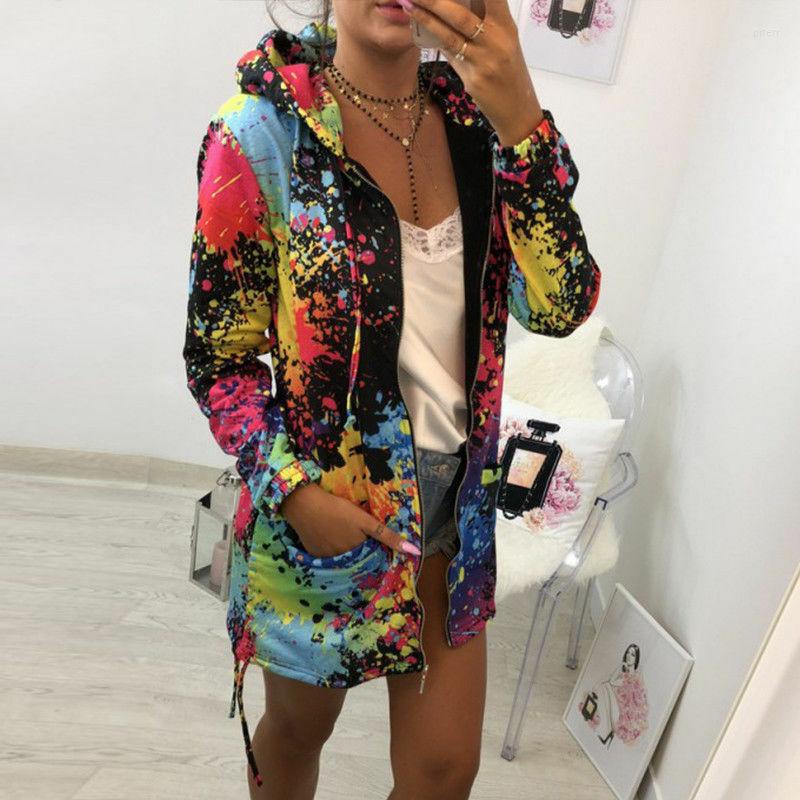 

Women' Trench Coats Women' Long Sleeve Hooded Colorful Windbreaker Jacket Floral Print Zipper Coat Splash-Ink, Black