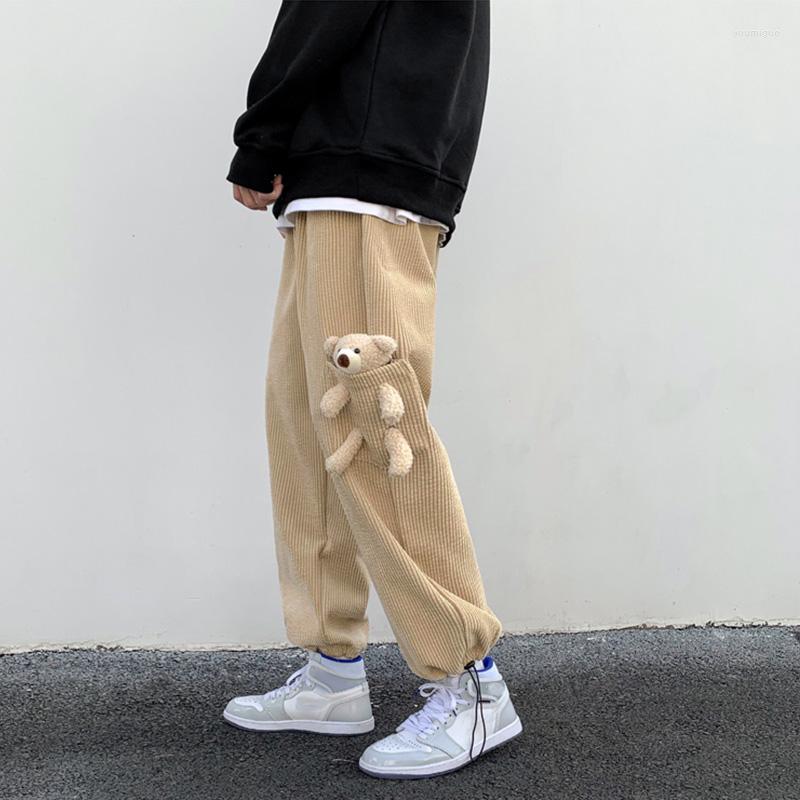 

Men's Pants Loose Corduroy Bear Guard Men Spring Autumn Casual Trousers Male Ins Hong Kong Wind All-match Streetwear Fashion Bottoms, Khaki
