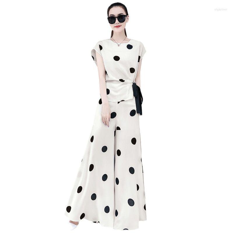 

Women's Tracksuits UHYTGF Chiffon Dot Two Piece Set Women Ropa De Mujer Summer Suits Polka Lace Tops And Long Pants 2 783, Black