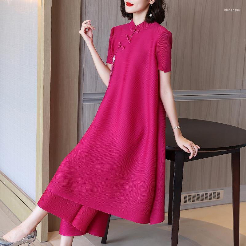 

Women's Two Piece Pants Miyak Pleated Chinese Style 2 Set Women Short Sleeve Stand Collar Retro Buckle Cheongsam Top Wide Leg Pant Loose, Black