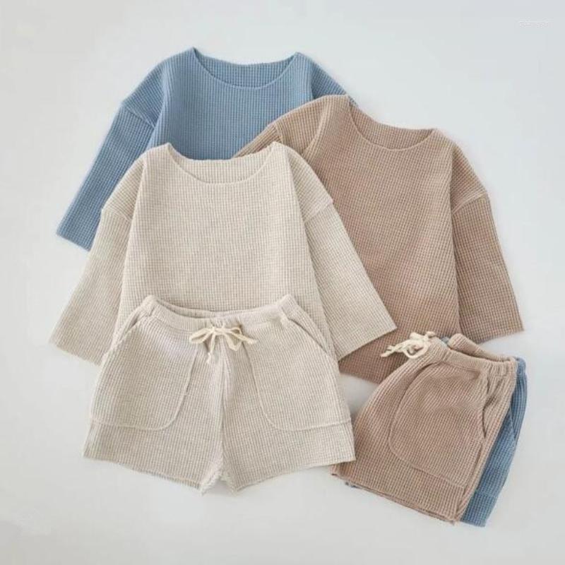 

Clothing Sets HoneyCherry Summer Knitted Waffle Casual T-shirt Shorts Two-piece Set Baby Girl Clothes Chill 2 Piece For Kids, Blue