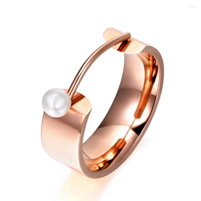 

Wedding Rings Original Design Simulated Pearl Rose Gold Color Ring Jewelry Titanium Steel Engagement Bague R17142