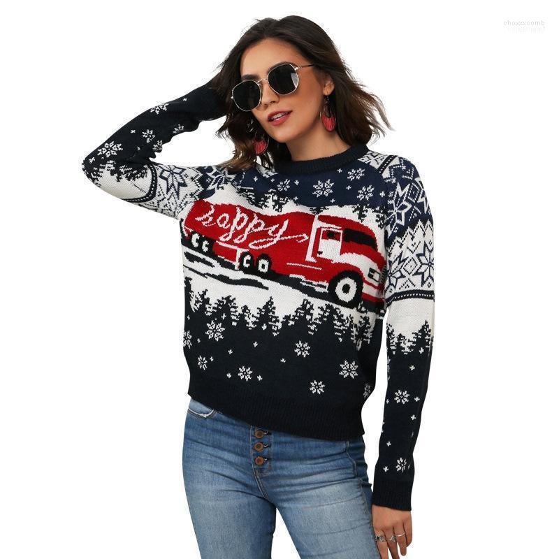 

Women' Sweaters Women' WHZHM Christmas Sweater Women Winter Long Sleeve Car Printed Round Neck Snowflake Jacquard Weave Tops Feminina, Multi