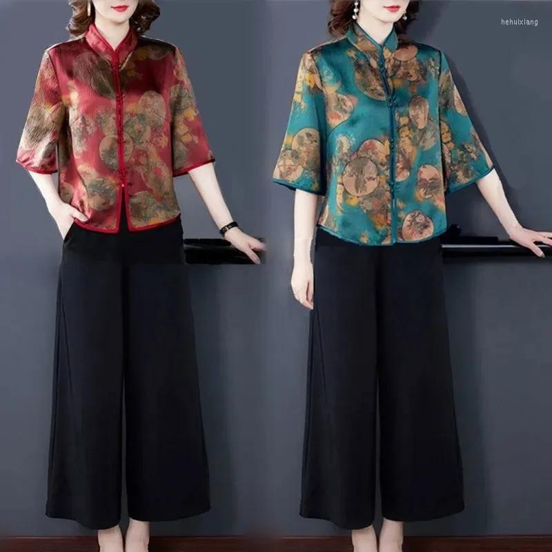 

Women's Two Piece Pants High Quality Silk Shirt Women's 2022 Mother Heavy Printed Mulberry Middle-Aged And Elderly Two-Piece Wide-Leg, Green top