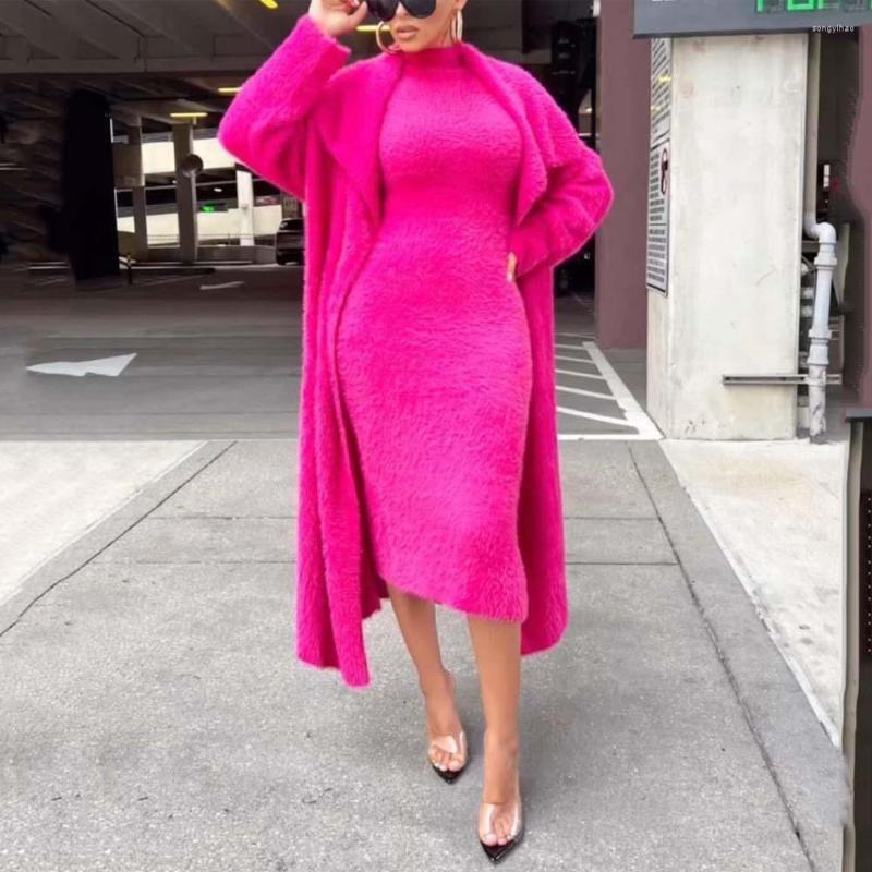 

Women' Trench Coats Autumn Winter Thick Coat Warm For Women 2 Pieces Sets Coral Velvet Solid Fashion Elegant Daily Wear Long Outwears, Pink outwears