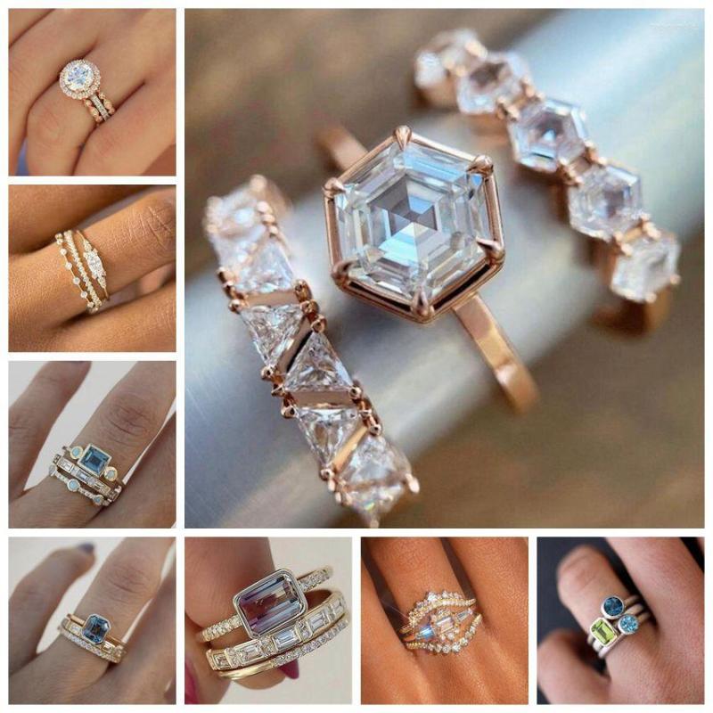 

Wedding Rings 3PCS/Set Trendy Geometric Cubic Zircon Ring Set For Women Party Engagement Jewelry Copper Hand Accessories