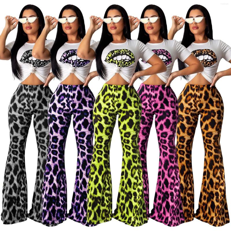 

Women's Tracksuits Leopard Print 2 Pieces Sets Woman Sexy Summer Outfits Short Sleeve Top And Flare Pants Set 2022 Casual Matching Tracksuit, Black