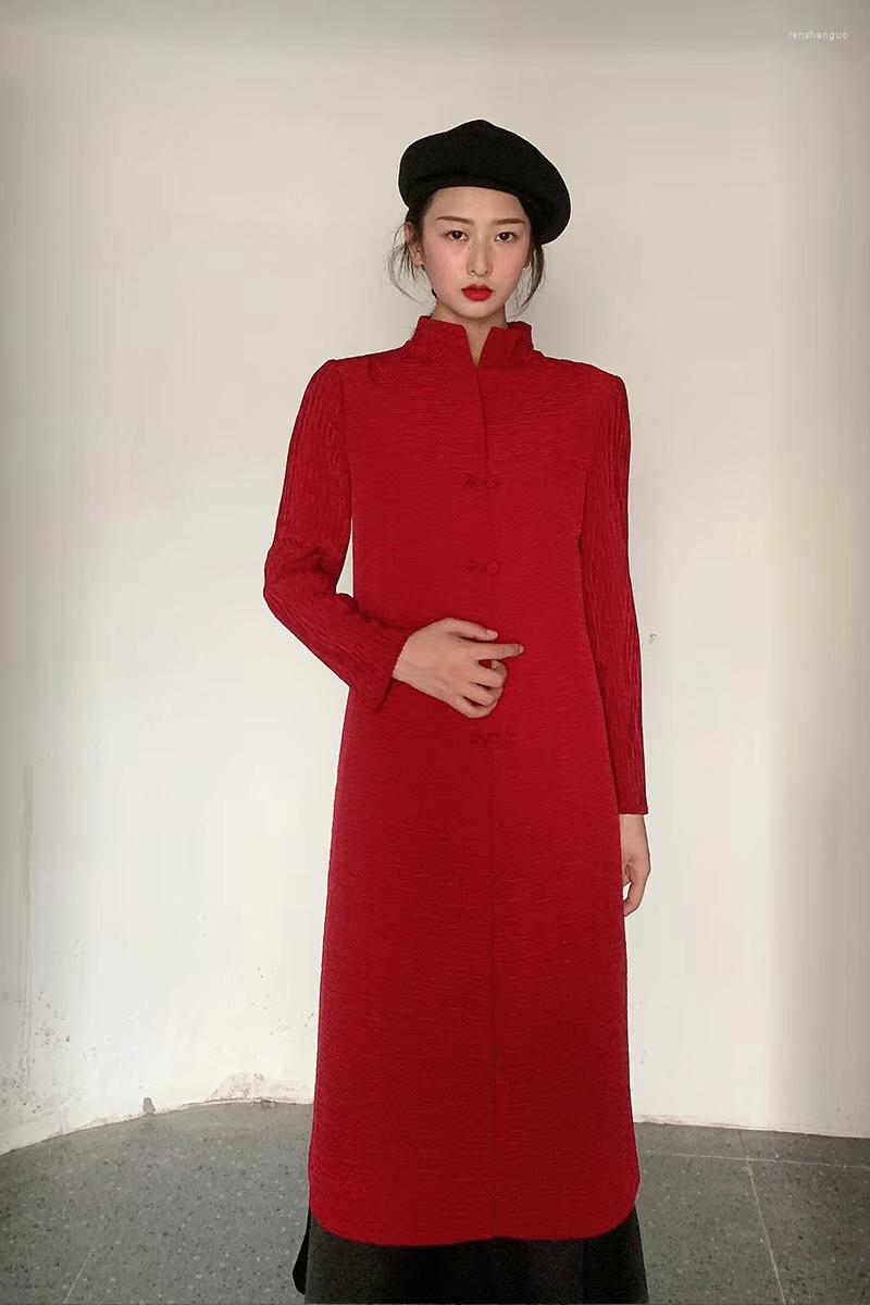 

Women's Trench Coats SELLING Fashion Solid The Wind Spell To Fold Long Sleeve Chinese Stand Collar Coat IN STOCK, Black