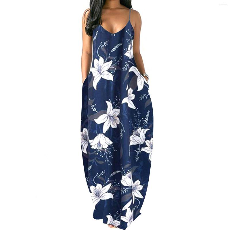 

Casual Dresses Summer Spaghetti Strap Dress Women Loose Long Printed Colorful V-neck Maxi Ladies Holiday Beach, Blue