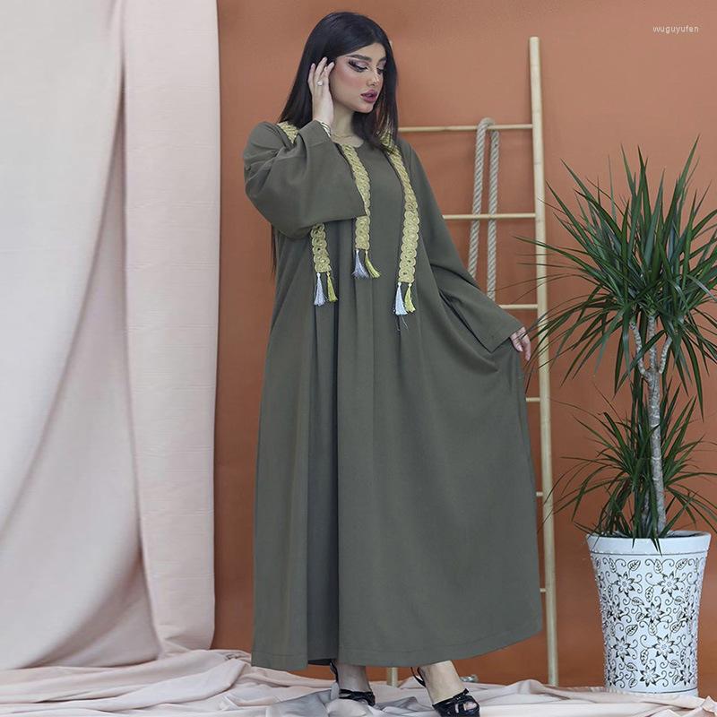 

Ethnic Clothing Eid Al-Adha Mubarka Muslim Women Maxi Dress Abaya Jalabiya Appliques Loose Armygreen Robe Moroccak Kaftan Dubai Tureky