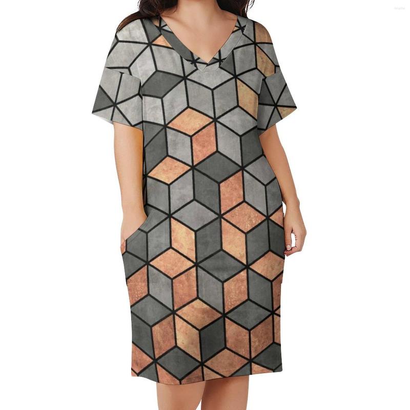 

Plus Size Dresses Nordic Print Dress V Neck Concrete And Copper Cubes Trendy Fashion Cute Casual Ladies Graphic Clothing, Style-6
