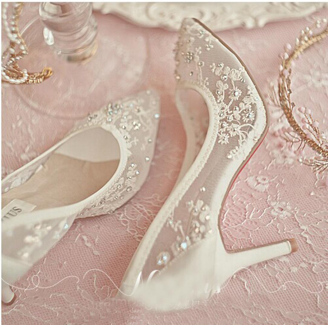 

Beautiful High Heel Wedding Shoes Lace Rhinestone Spring Bridal Dress Shoes Sexy Hollow Transparent Pointed Toe Prom Formal Dress 8111536, White