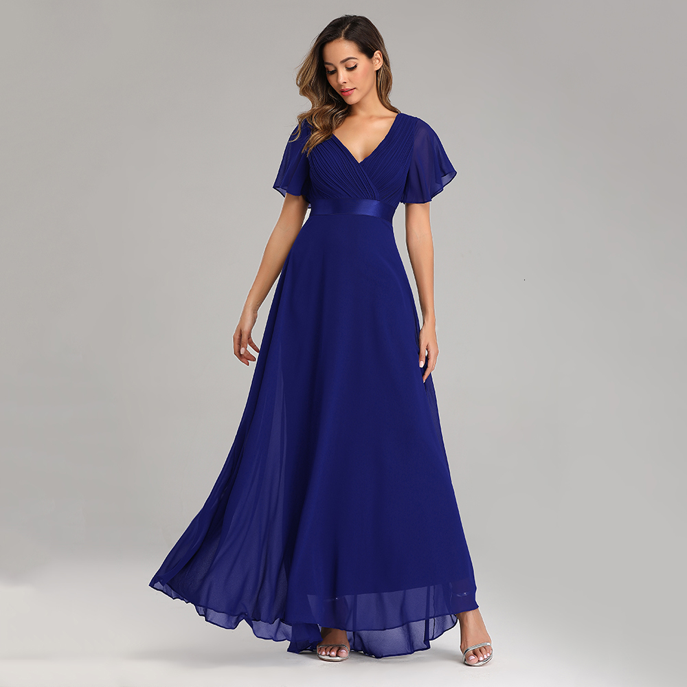 

Party Dresses Evening XUCTHHC Elegant V Neck Ruffles Chiffon Formal Gown Robe Vestidos De fiesta Dress for Wedding 221119, Lack blue