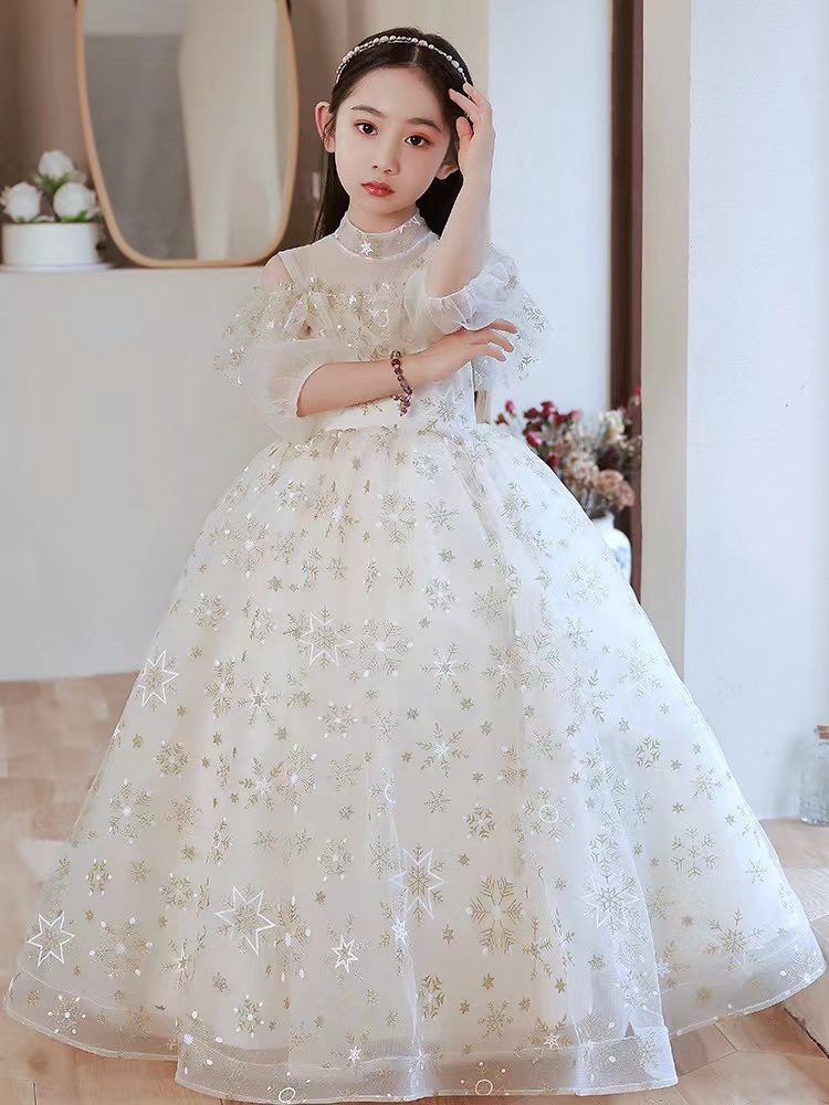 2022 Vintage Flower Girls 'Robes Ivoire Bébé Infant Toddler Baptême Vêtements Avec Manches Longues Dentelle Tutu Robes De Bal Robe De Fête D'anni