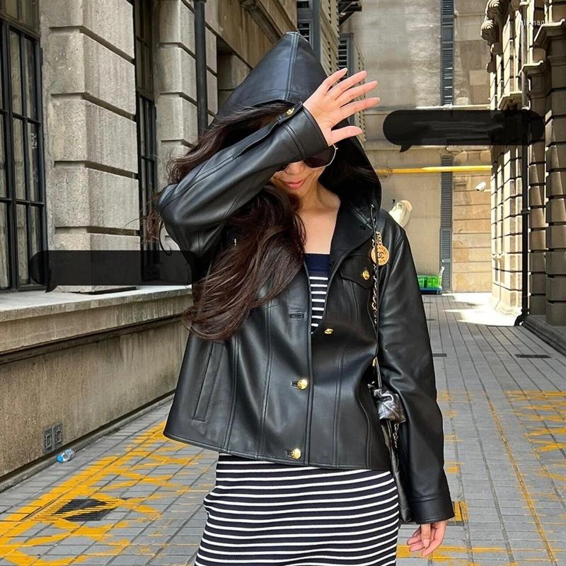 

Women' Leather Coat Women Sheepskin Jacket 2023 Fashion Natural Long Sleeve H715, Black