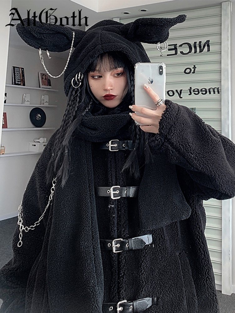 

Scarves AltGoth Harajuku Y2k Neckerchief Women Vintage Mall Goth Grunge Cute Rabbit Cap Scarf Streetwear with Chain Emo Alt Wrap Female 221119