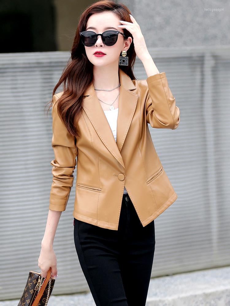 

Women's Leather 2022 Spring Ladies Faux Blazers Women Sheepskin Jacket Female Slim Suit Collar Coat Brand Lady Jackets Outerwear, Black