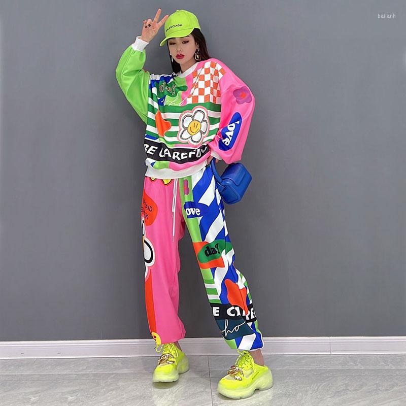 

Women's Two Piece Pants Spring And Autumn Catton Colorful Tracksuit Women Sets Loose Sweatshirt Elastic