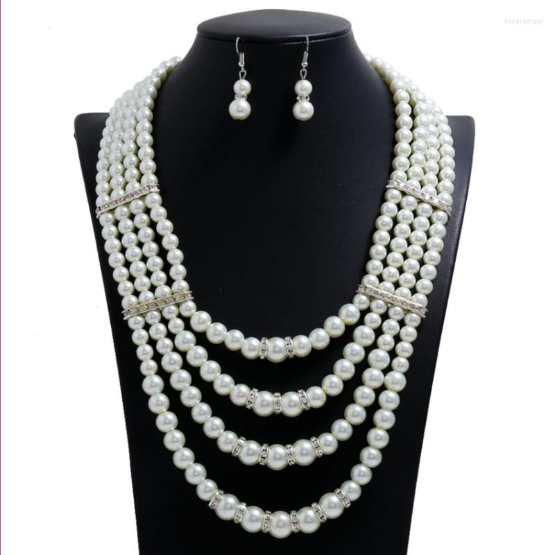 

Necklace Earrings Set Light Yellow Gold Color Multi Layer Imitation Pearl Pendant With Rhinestone Personalized, Picture shown