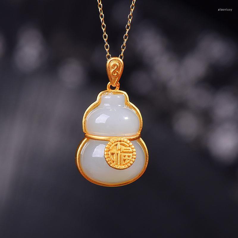 

Chains Natural Hetian Yufu Word Gourd Pendant Ladies Necklace Ethnic Style Ancient Charm Silver Jewelry Banquet Accessories