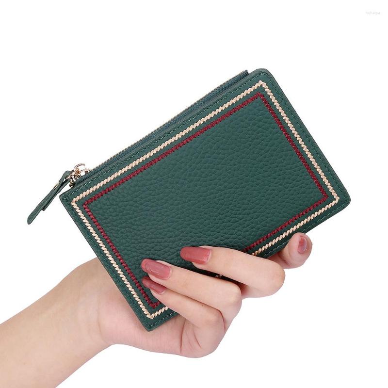 

Card Holders Genuine Leather Folding Bag For Woman Coin Purse Female Zipper Holder Wallet Compact Ultra-thin Ladies Short, Black