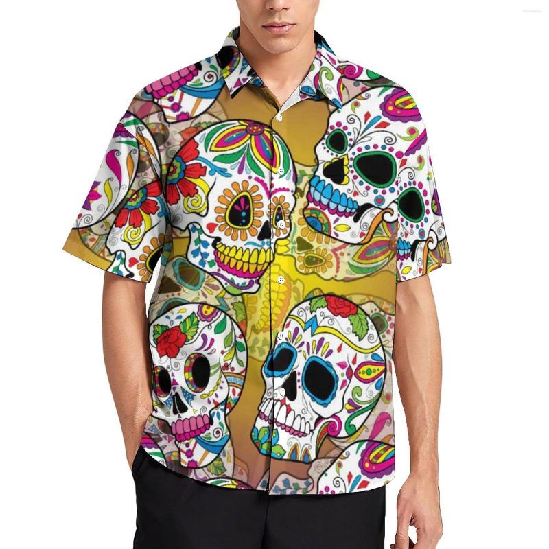 

Men's Casual Shirts Skeleton Floral Print Sugar Skulls Pattern Summer Shirt Short Sleeve Trendy Blouses Male Big Size, Style-7