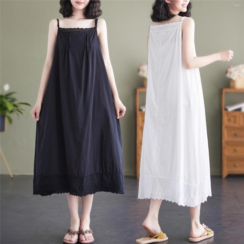 

Casual Dresses 2022 Summer Women Dress Japan Style Mori Girl Embroidery Solid Color Cotton And Linen Loose Sling, Beige