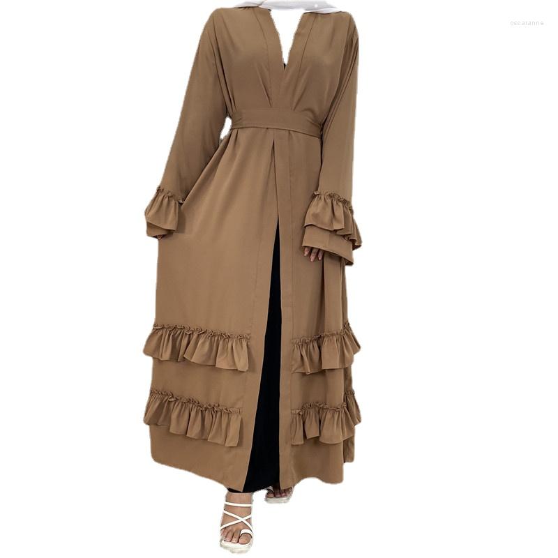 

Ethnic Clothing Donsignet Dress Women Frill Sleeves Lace Middle East Muslim Fashion Abaya Dubai Turkey Long Cardigan Robe