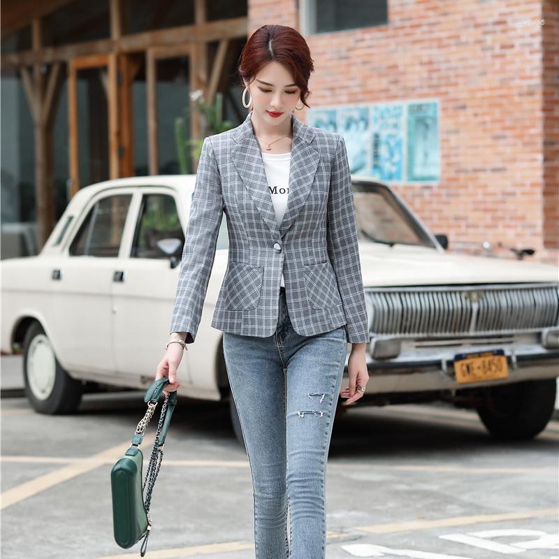 

Women' Suits Spring Fall Casual Ladies Grey Plaid Blazer Women Outerwear Jackets Long Sleeve Work Clothes OL Styles, Picture color