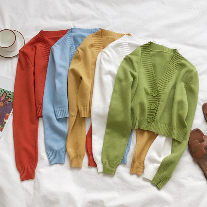 

Women's Knits Autumn Women Sweaters Knitted Casual V Neck Long Sleeves Crop Top Single Breasted Solid Color Cardigan, White