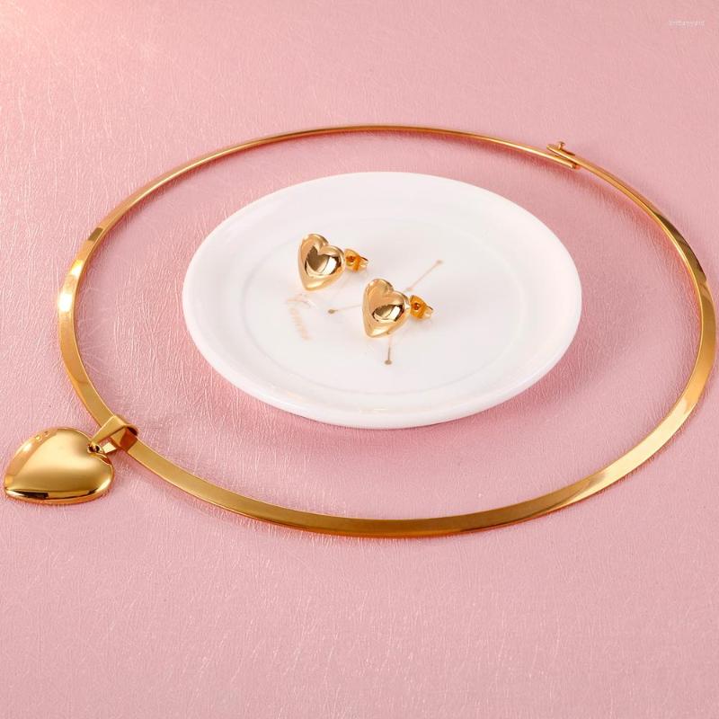 

Necklace Earrings Set Luxury For Women Girls Heart Charms Pendant Collar Korean Fashion Stainless Steel Jewelry Gifts, Picture shown