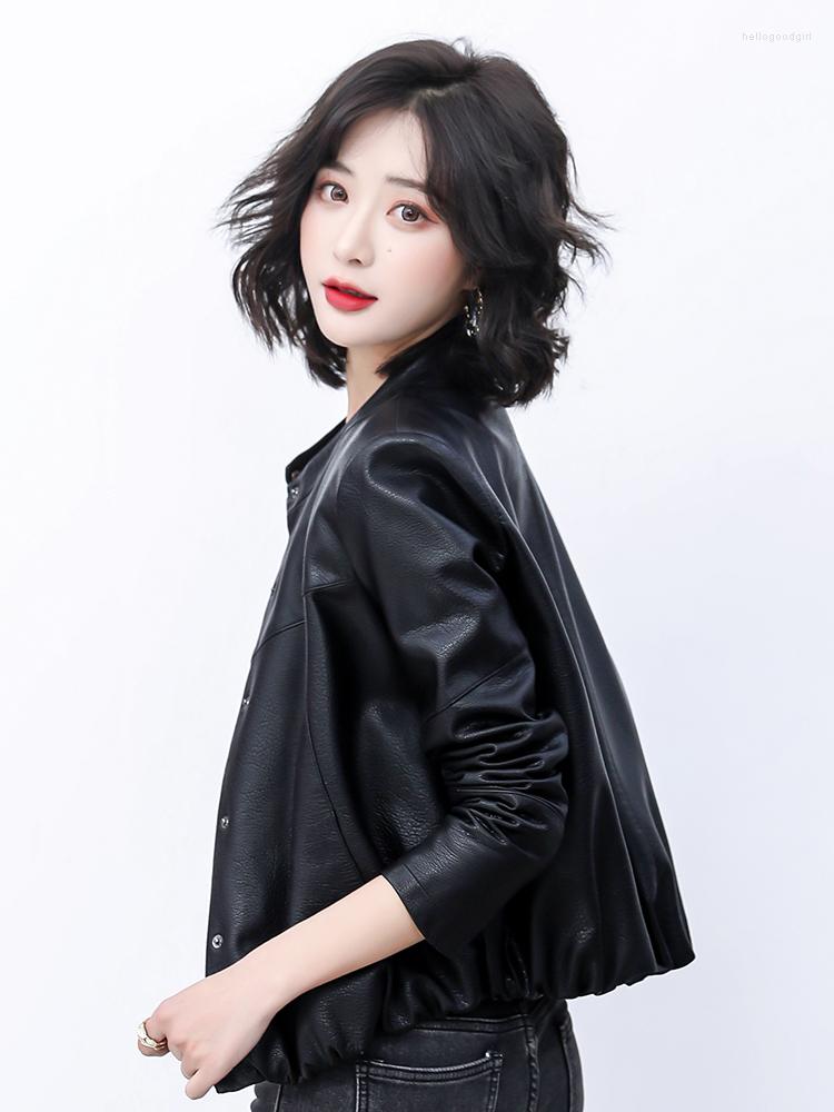 

Women's Leather Pring Lady Jacket Women Sheepskin Oversized Female Korean Stand Collar Coat Overcoat Ladies Slim Outwear, Black