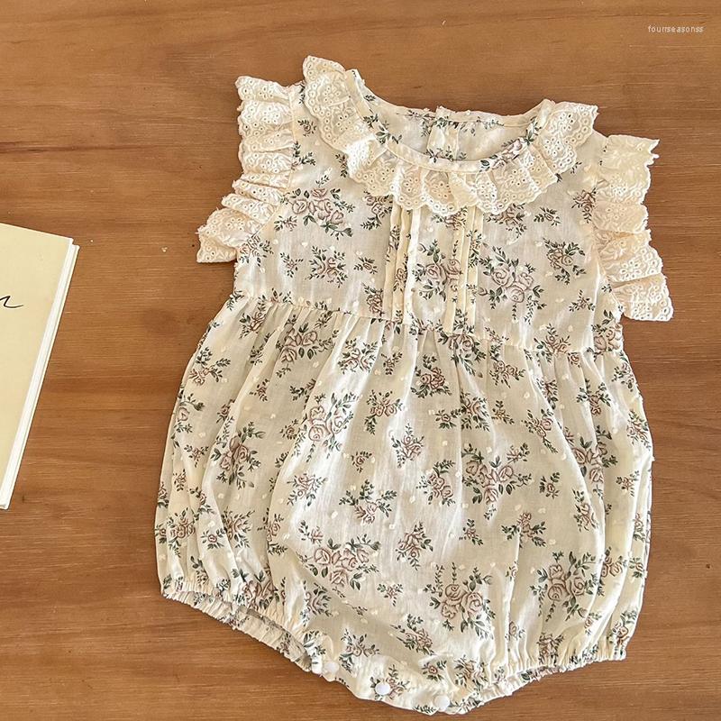 

Rompers Children Clothes Korean Style Summer Infant Baby Girls Bodysuits Lace Stitching Printing Cotton Sleeveless Born Romper, 202h20 beige