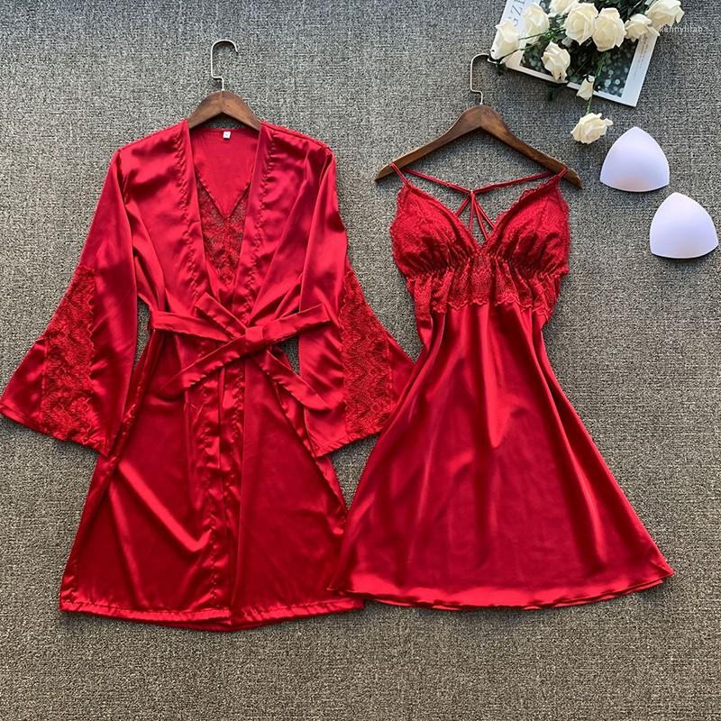 

Women's Sleepwear Burgundy Lace Trim Kimono Robe Gown Set Womens Sexy Hollow Out Bathrobe V-Neck Strap Nightgown Spring Summer Faux Silk, Black