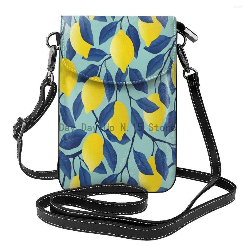 

Duffel Bags Women Cell Phone Purse Leather Crossbody Bag-Yellow Lemons Leaf Blue Mini Shoulder Bag Card Holder Wallet