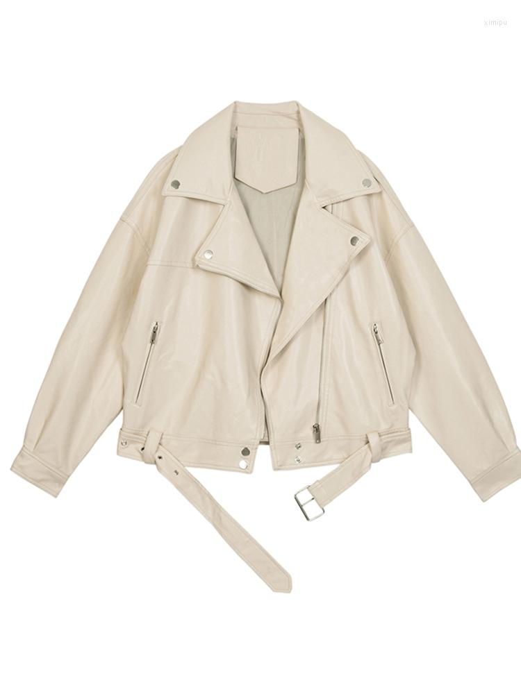 

Women' Leather 2022 Autumn Women Cool Pu Motorcycle Jacket Female With Belt Solid Color Jackets Ladys Loose Casual Punk Coat 80, Beige