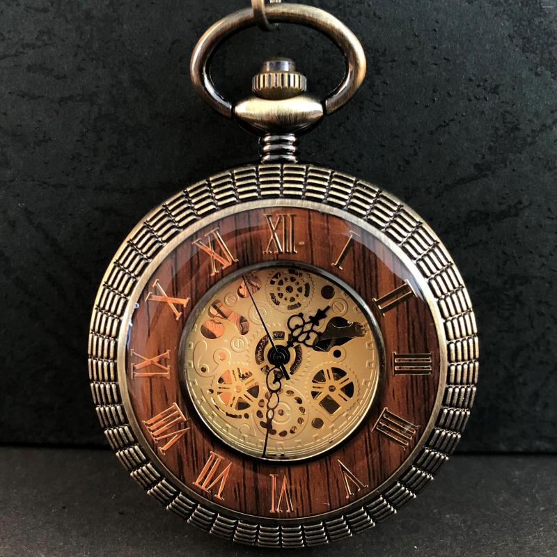 

Pocket Watches Antique Vintage Wood Men's Mechanical Watch Personality Collection Gift Steampunk With Chain Pendant Clock, Brown