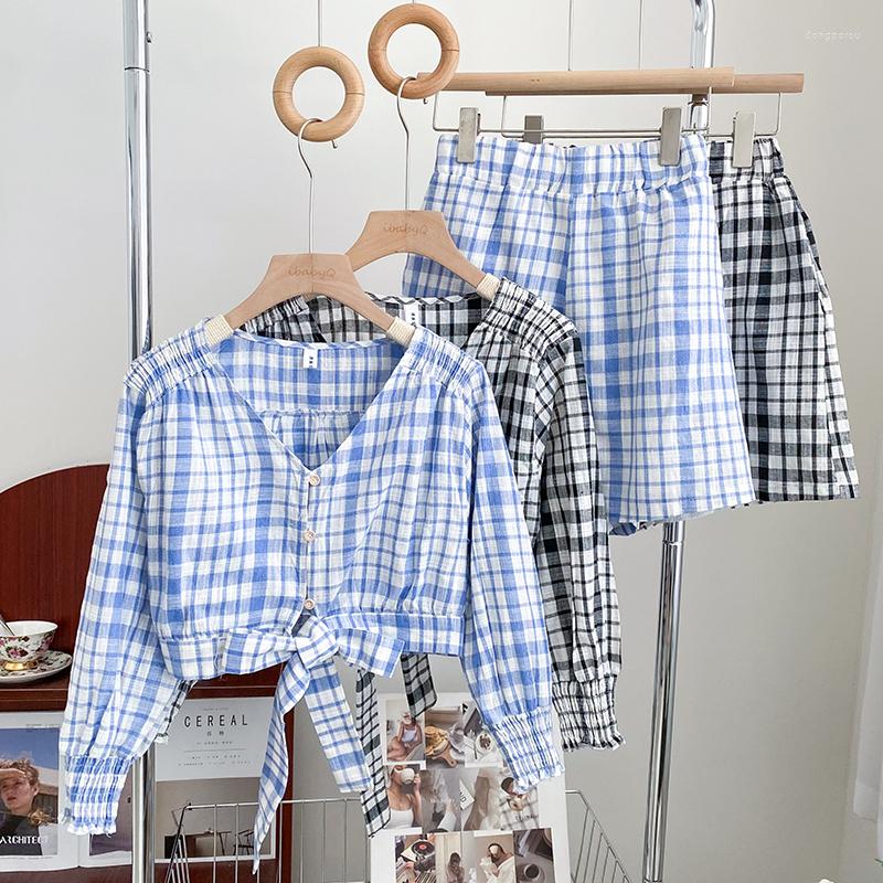 

Women's Tracksuits Korean Fashion Short Sets Women V Neck Single-breasted High-waist Lace-up Blouse Woman Plaid Casual Sport Shorts Drop, Black