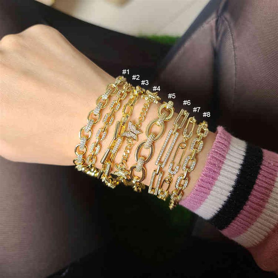 

BC1283 Fashion 18K Gold Plated Zircon CZ Micro Pave Curb Cuban Paperclip Safety Pin Link Chain Adjustable Bracelets for Women262U