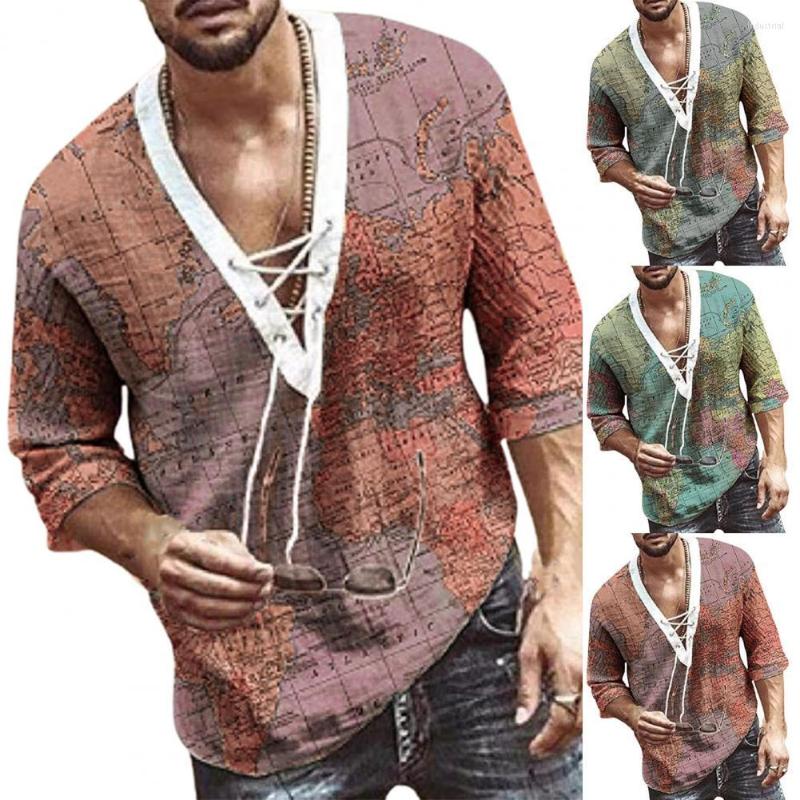 

Men's Polos Stylish Men Shirt Map Print V Neck Pullover Loose Front Lace Up Half Sleeve Quick Drying Tee For Vacation Blue 2022