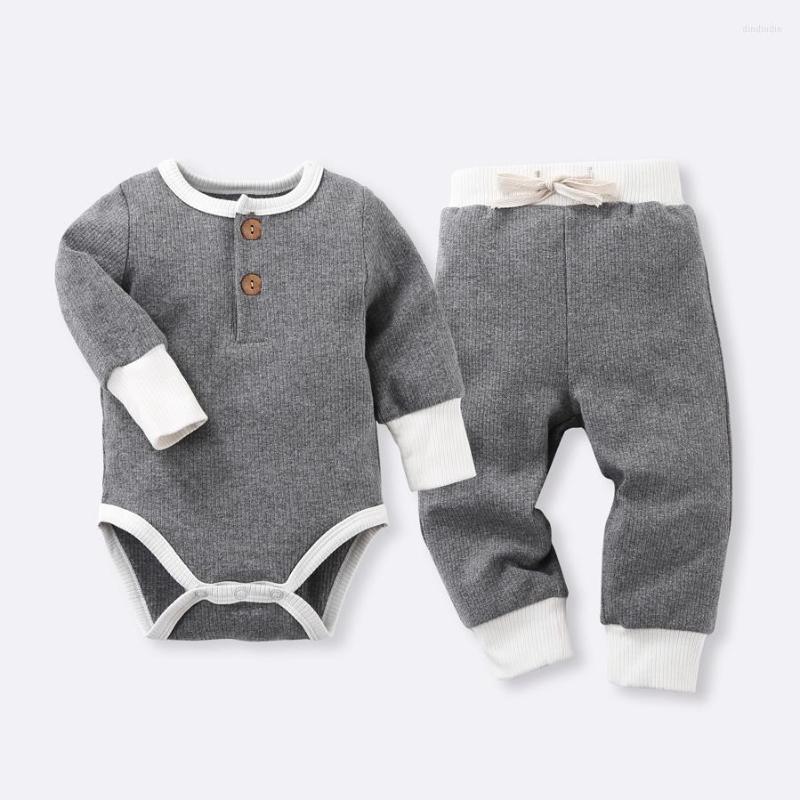 

Clothing Sets 2pcs Baby Clothes Boy And Girls Ribbed Bodysuit Top Pants Long Sleeves Kids High Waistband Set Cotton Babywear, Blue