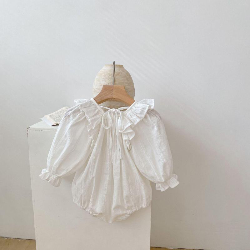 

Rompers Girl Fashion Solid Flying Long Sleeves Straps Lace Pleats Loose Bodysuit Sweet Baby Simple Cotton Princess Jumpsuit Kid Outfits, White